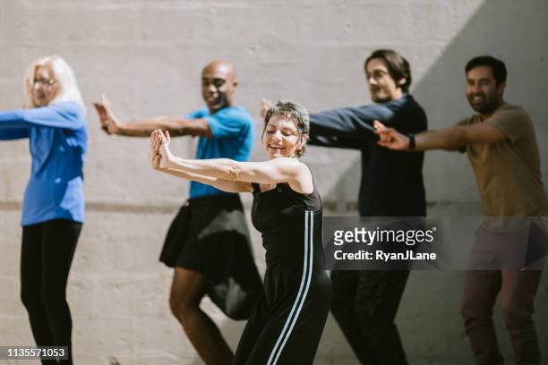 diverse outdoor multigenerational dance class group - dance troupe stock pictures, royalty-free photos & images