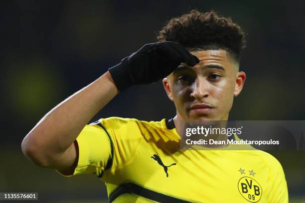 Jadon Sancho of Borussia Dortmund in action during the UEFA Champions League Round of 16 Second Leg match between Borussia Dortmund and Tottenham...