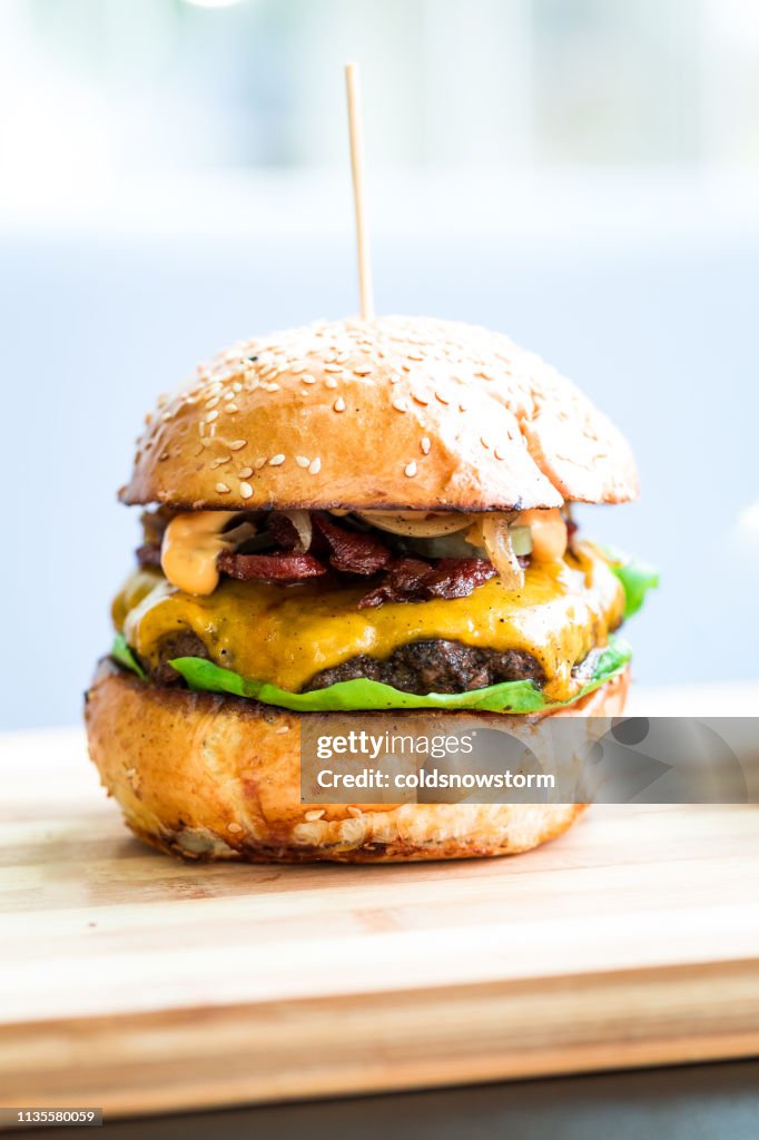 Freshly flame grilled bacon cheese burger
