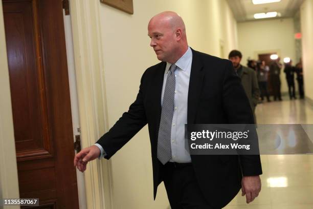 Former acting U.S. Attorney General Matthew Whitaker arrives at Rayburn House Office Building March 13, 2019 on Capitol Hill in Washington, DC....