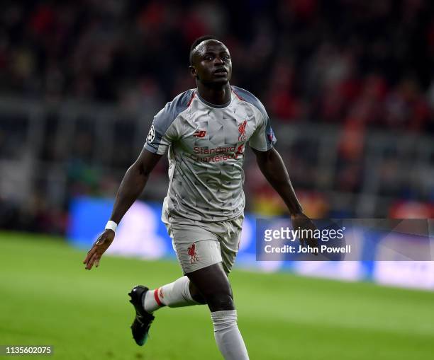 Sadio Mane of Liverpool celebrates the first goal of his team during the UEFA Champions League Round of 16 Second Leg match between FC Bayern...