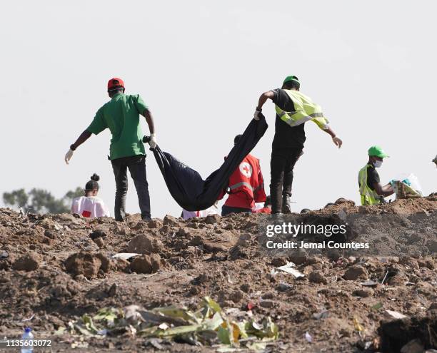 Investigators and recovery workers continue recovery efforts at the crater at the crash site of Ethiopian Airlines Flight 302 on March 13, 2019 in...