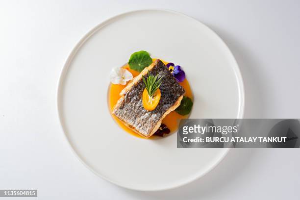 fine dining grilled sea bass - gourmet stock pictures, royalty-free photos & images