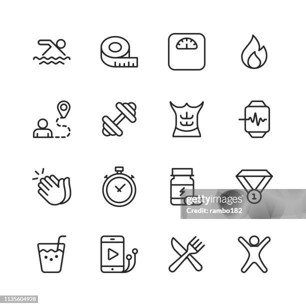 fitness and workout line icons. editable stroke. pixel perfect. for mobile and web. contains such icons as running, swimming, exercising, gym, diet. - applauding stock illustrations