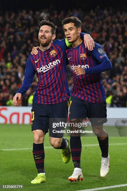 Philippe Coutinho of Barcelona celebrates as he scores his team's second goal with Lionel Messi during the UEFA Champions League Round of 16 Second...