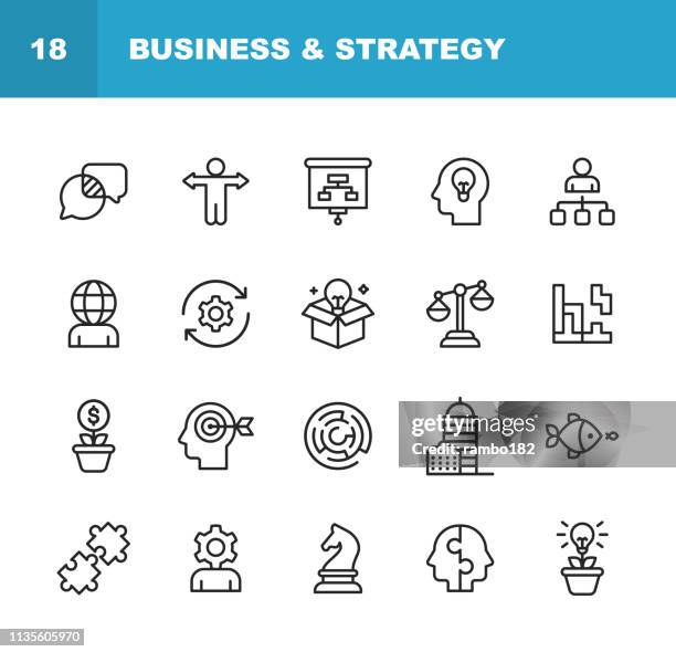 bildbanksillustrationer, clip art samt tecknat material och ikoner med affärs-och strategi linje ikoner. redigerbar stroke. pixel perfekt. för mobil och webb. innehåller sådana ikoner som affärs strategi, verksamhetsstyrning, tids planering, kontors byggnad, företags utveckling. - ryggradsdjur