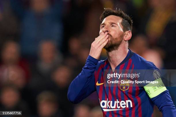 Lionel Messi of FC Barcelona celebrates after scoring his team's first goal during the UEFA Champions League Round of 16 Second Leg match between FC...