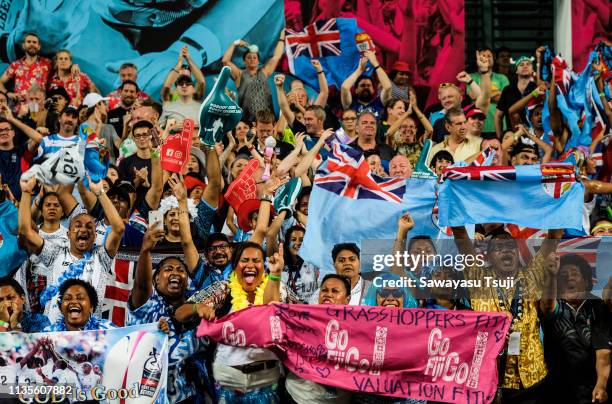 Fiji fans support their team at Cup Final on day three of the Cathay Pacific/HSBC Hong Kong Sevens at the Hong Kong Stadium on April 7, 2019 in Hong...