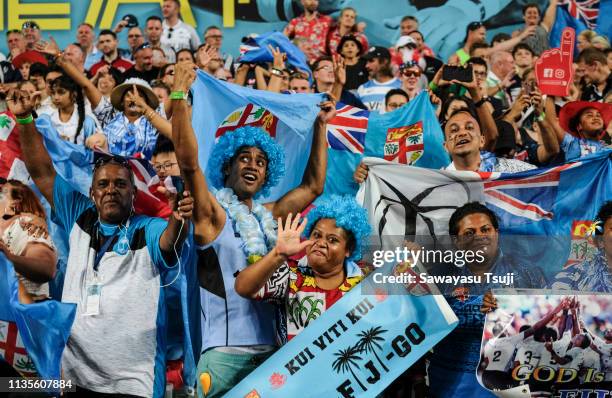 Fiji fans support their team at Cup Final on day three of the Cathay Pacific/HSBC Hong Kong Sevens at the Hong Kong Stadium on April 7, 2019 in Hong...