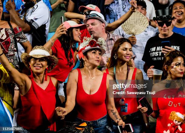 Fiji fans support their team at Cup Final on day three of the Cathay Pacific/HSBC Hong Kong Sevens at the Hong Kong Stadium on April 7, 2019 in Hong...