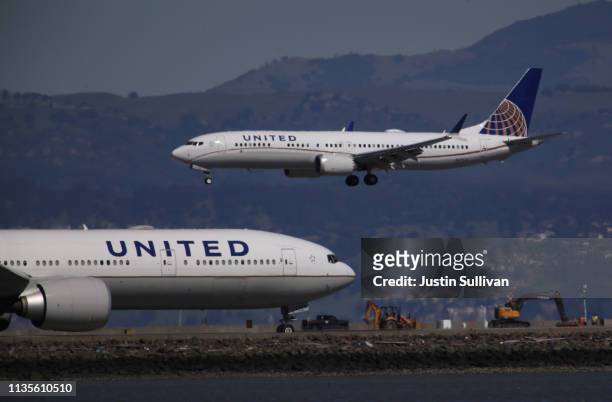 United Airlines Boeing 737 Max 9 aircraft lands at San Francisco International Airport on March 13, 2019 in Burlingame, California. The United States...
