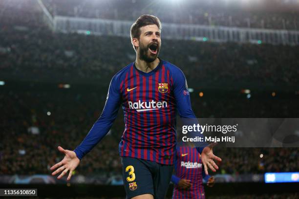 Gerard Pique of Barcelona celebrates as he scores his team's fourth goal during the UEFA Champions League Round of 16 Second Leg match between FC...