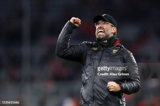 Jurgen Klopp, Manager of Liverpool celebrates victory after the UEFA Champions League Round of 16 Second Leg match between FC Bayern Muenchen and...
