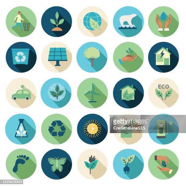 illustrazioni stock, clip art, cartoni animati e icone di tendenza di set di icone di progettazione piatta dell'ambiente - conservazione ambientale