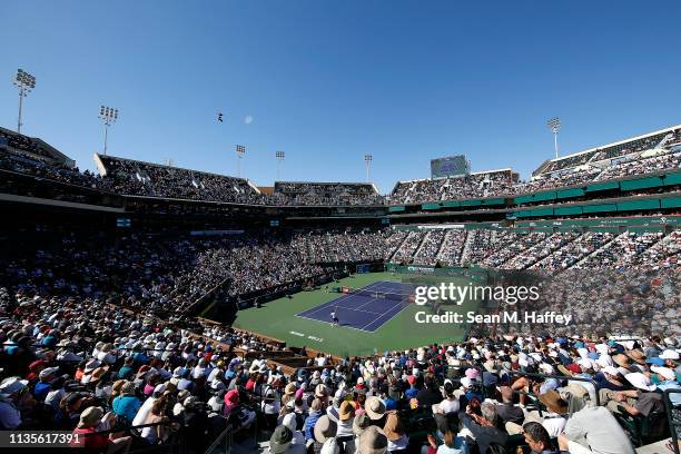 General view of stadium one during a match between Roger Federer of Switzerland and Kyle Edmund of Great Britain during the BNP Paribas Open at the...