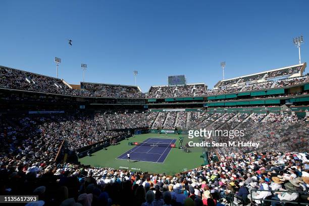 General view of stadium one during a match between Roger Federer of Switzerland and Kyle Edmund of Great Britain during the BNP Paribas Open at the...