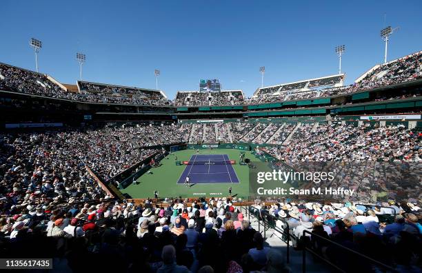 General view of stadium one during a match between Roger Federer of Switzerland and Kyle Edmund of Great Britain during the BNP Paribas Open at the...