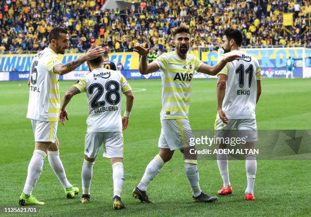 Fenerbahce's Turkish defender Hasan Ali Kaldirim celebrates after scoring a goal during the Turkish Super Lig football match between Ankaragucu and...