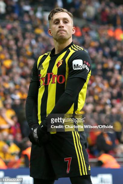 Gerard Deulofeu of Watford calmly celebrates scoring their 3rd goal to bring the score up to 3-2 in extra time during the FA Cup Semi Final match...