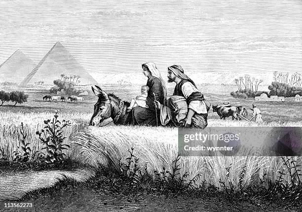 joseph and mary return from egypt with baby jesus - jesus riding on a donkey stock illustrations