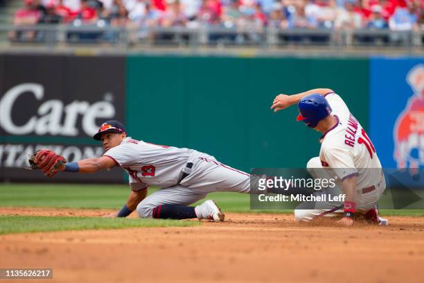 Ehire Adrianza of the Minnesota Twins forces out J.T. Realmuto of the Philadelphia Phillies in the bottom of the second inning at Citizens Bank Park...