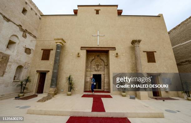 This picture taken on April 6, 2019 shows a view outside the basilica of the Coptic Orthodox "Red Monastery" of St Pishay in Egypt's southern Sohag...