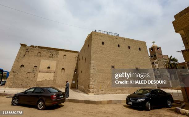 This picture taken on April 6, 2019 shows a view outside the basilica of the Coptic Orthodox "Red Monastery" of St Pishay in Egypt's southern Sohag...