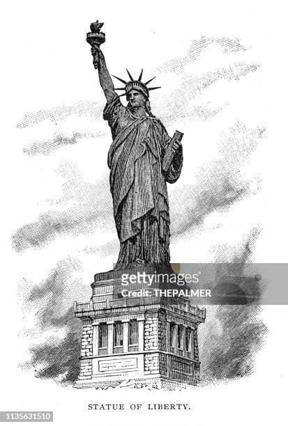 ilustraciones, imágenes clip art, dibujos animados e iconos de stock de estatua de la libertad grabado 1895 - statue of liberty drawing