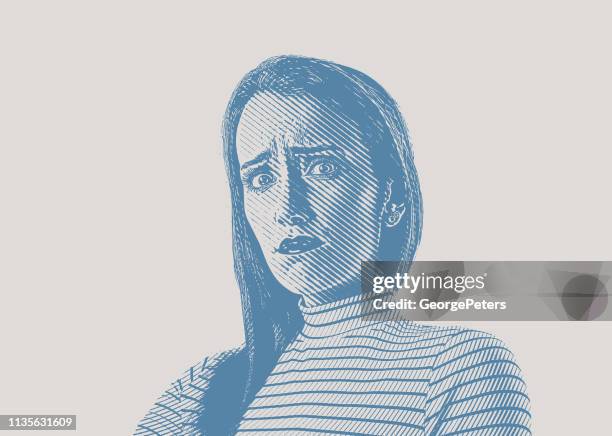 bildbanksillustrationer, clip art samt tecknat material och ikoner med närbild av en ung kvinna med stressad ansikts uttryck - polokrage