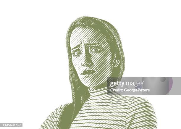 bildbanksillustrationer, clip art samt tecknat material och ikoner med närbild av en ung kvinna med stressad ansikts uttryck - polokrage