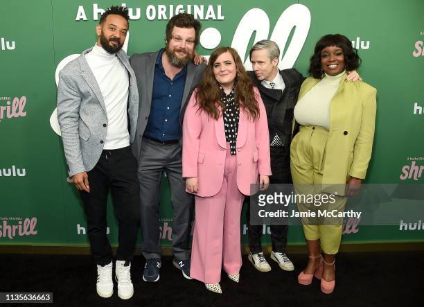 Ian Owens, Luka Jones, Aidy Bryant, John Cameron Mitchell and Lolly Adefope attend Hulu's "Shrill" New York Premiere at Walter Reade Theater on March...