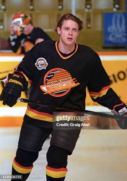 Pavel Bure of the Vancouver Canucks skates against the Toronto Maple Leafs during NHL game action on January 25, 1995 at Maple Leaf Gardens in...