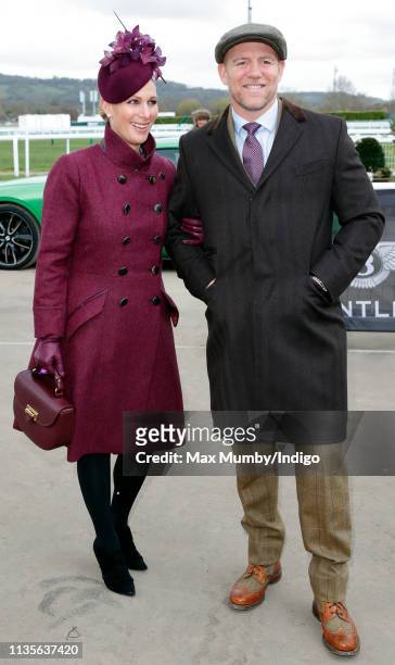Zara Tindall and Mike Tindall attend day 2 'Ladies Day' of the Cheltenham Festival at Cheltenham Racecourse on March 13, 2019 in Cheltenham, England.