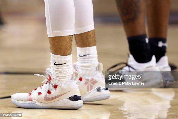 Detail view of the Nike Kobe A.D. Sneakers worn by Jacob Gilyard of the Richmond Spiders in the second half against the Fordham Rams during the first...