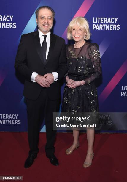 Preet Bhahara and event honoree Leslie Stahl attend the Literacy Partners' 2019 Annual Evening of Readings & Gala Dinner at Cipriani Wall Street on...