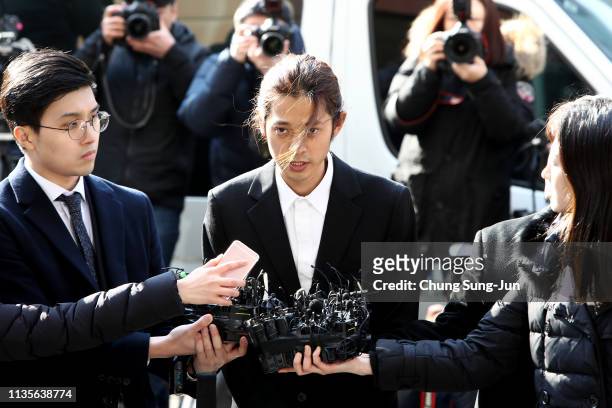 Singer Jung Joon-young is seen arriving at a Seoul Metropolitan Police Agency on March 14, 2019 in Seoul, South Korea. Jung Joon-young, a South...