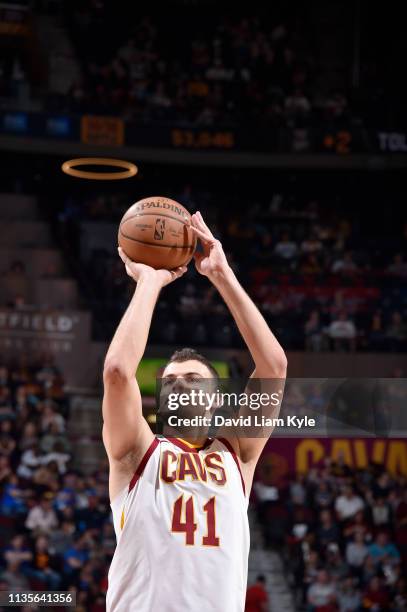 Ante Zizic of the Cleveland Cavaliers shoots a free throw during the game against the San Antonio Spurs on April 7, 2019 at Quicken Loans Arena in...