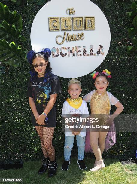 Cayden Mirabai, Chloe Mirabai and Celeste Mirabai arrive for Clubhouse Kidchella held at Pershing Square on April 6, 2019 in Los Angeles, California.