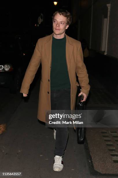 Alfie Allen leaving the Harold Pinter Theatre after watching a performance of Betrayal on March 13, 2019 in London, England.