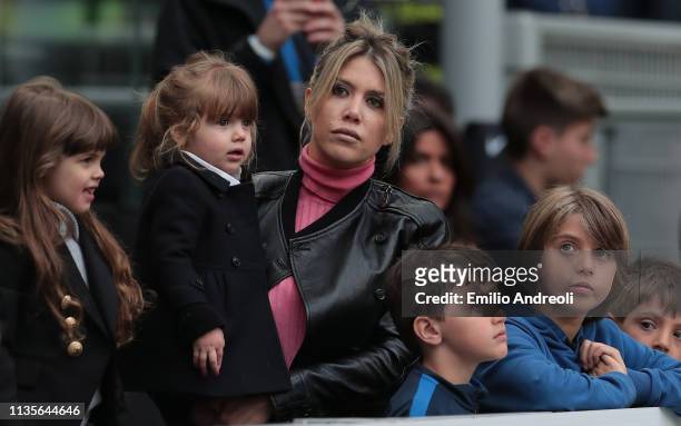 Wanda Nara attends the Serie A match between FC Internazionale and Atalanta BC at Stadio Giuseppe Meazza on April 7, 2019 in Milan, Italy.