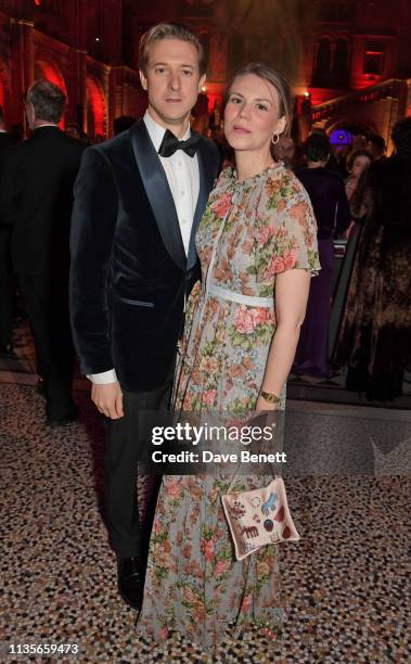 Arthur Darvill and Ines de Clercq attend The Olivier Awards 2019 after party at The Natural History Museum on April 7, 2019 in London, England.