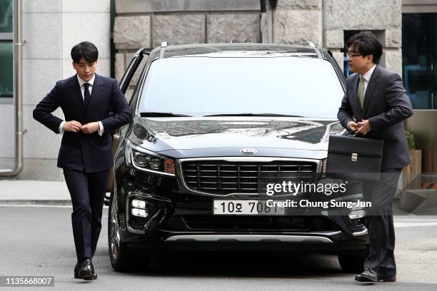 Seungri, formerly a member of South Korean boy band BIGBANG is seen arriving at a Seoul Metropolitan Police Agency on March 14, 2019 in Seoul, South...