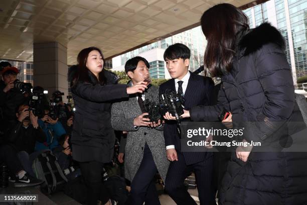 Seungri, formerly a member of South Korean boy band BIGBANG is seen arriving at a Seoul Metropolitan Police Agency on March 14, 2019 in Seoul, South...