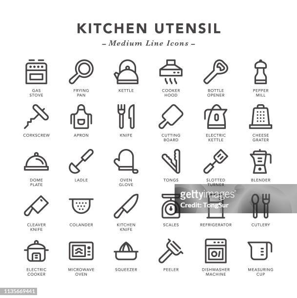 ilustraciones, imágenes clip art, dibujos animados e iconos de stock de utensilio de cocina-iconos de línea media - cucharon