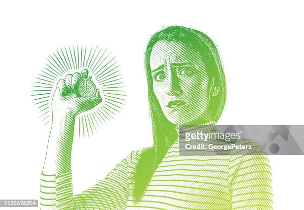 geschäftsfrau hält stoppuhr mit gestrestem ausdruck - biological clock stock-grafiken, -clipart, -cartoons und -symbole