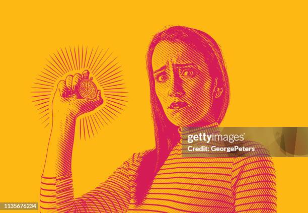 businesswoman holding stopwatch with stressed out expression - biological clock stock illustrations