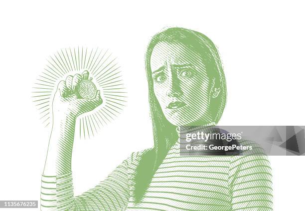 businesswoman holding stopwatch with stressed out expression - biological clock stock illustrations