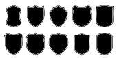 Badge patch shield shape vector heraldic icons. Football or soccer club or military police clothing badge patch blank black templates isolated set