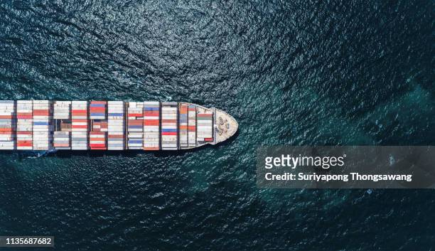 aerial top view container ship full load container on the deep sea for logistic, import export, shipping or transportation. - shipyard aerial stock pictures, royalty-free photos & images