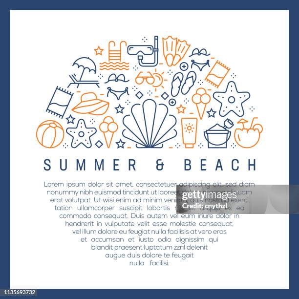 summer and beach concept - colorful line icons, arranged in circle - shell pattern stock illustrations